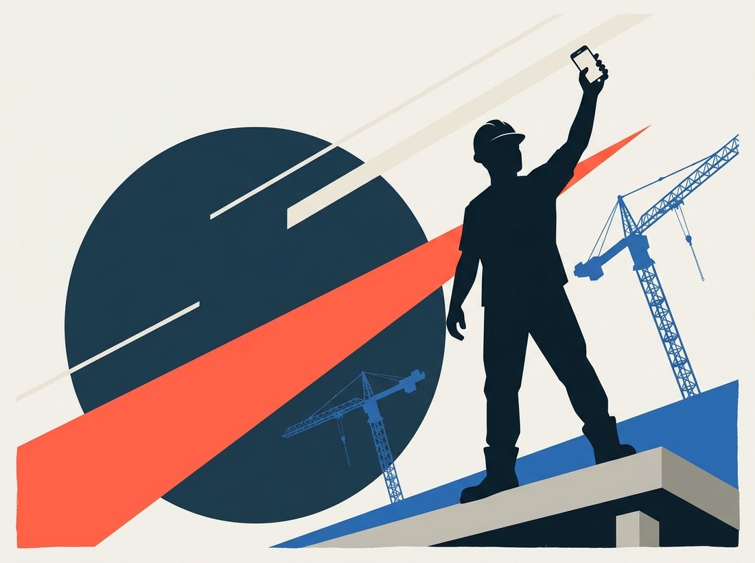 Constructivist poster: a worker silhouetted on a concrete slab, phone raised, cranes behind, a coral wedge cutting a navy circle